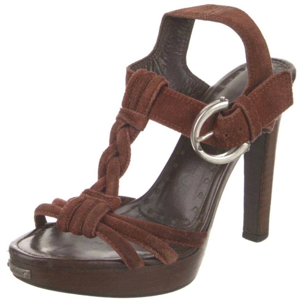 YSL Yves Saint Laurent Rust Brown "Merida 90" Braided Suede Platform Heels
